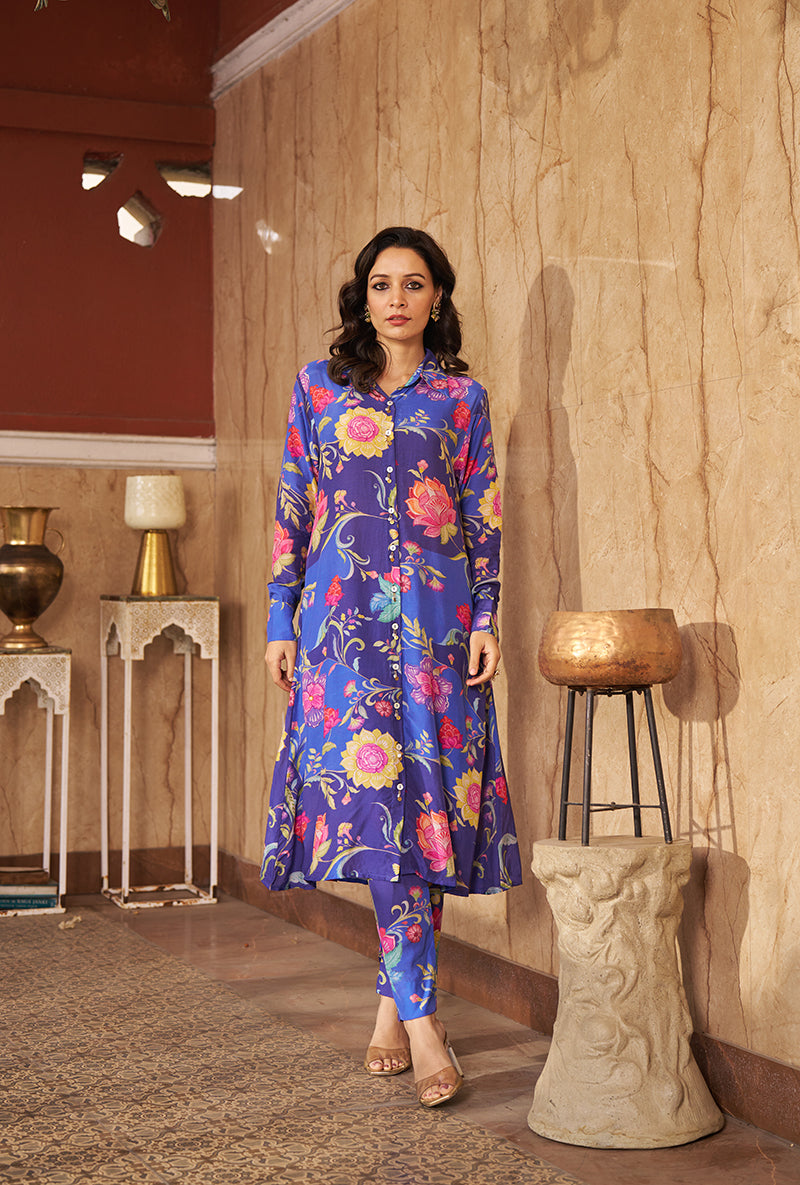 Blue All Over Print Collar Style Roza Kurta Set