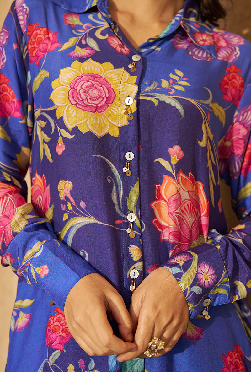 Blue All Over Print Collar Style Roza Kurta Set