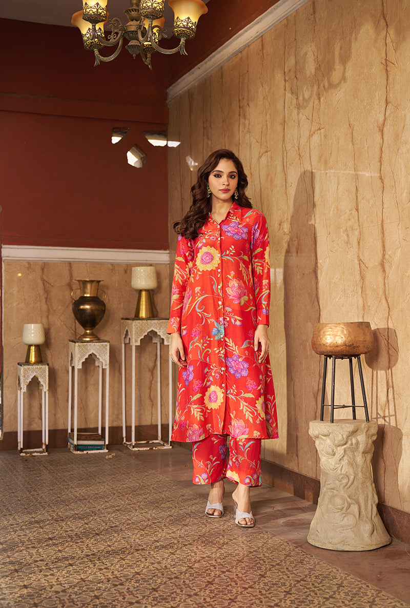 Burnt Orange All Over Print Collar Style Roza Kurta Set