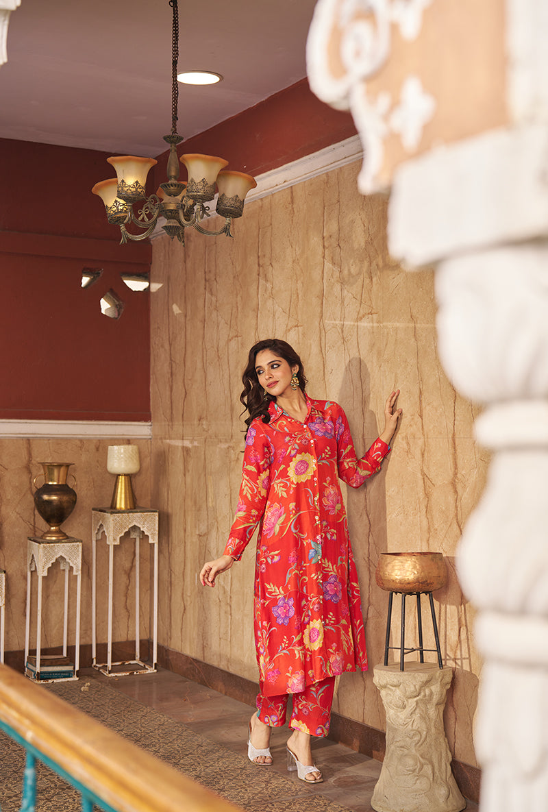 Burnt Orange All Over Print Collar Style Roza Kurta Set