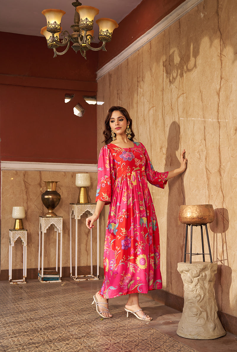 Pink Digital Print Gathered Roza  Dress
