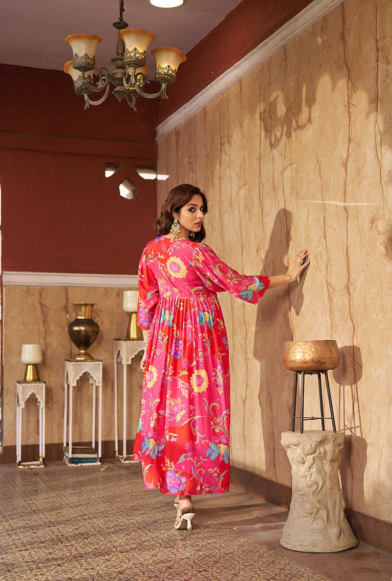 Pink Digital Print Gathered Roza  Dress