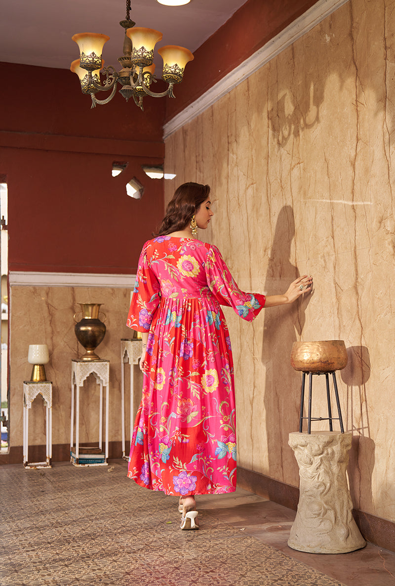 Pink Digital Print Gathered Roza  Dress