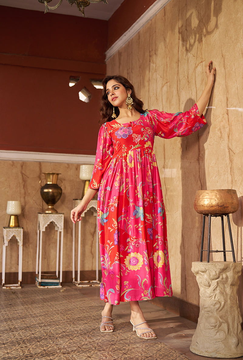 Pink Digital Print Gathered Roza  Dress
