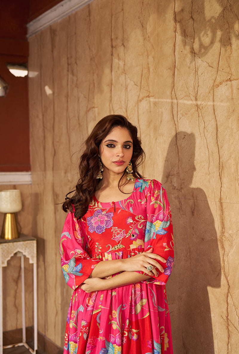 Pink Digital Print Gathered Roza  Dress