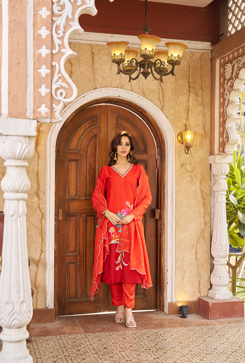 Burnt Orange Printed Nayaab Roza Kurta Set