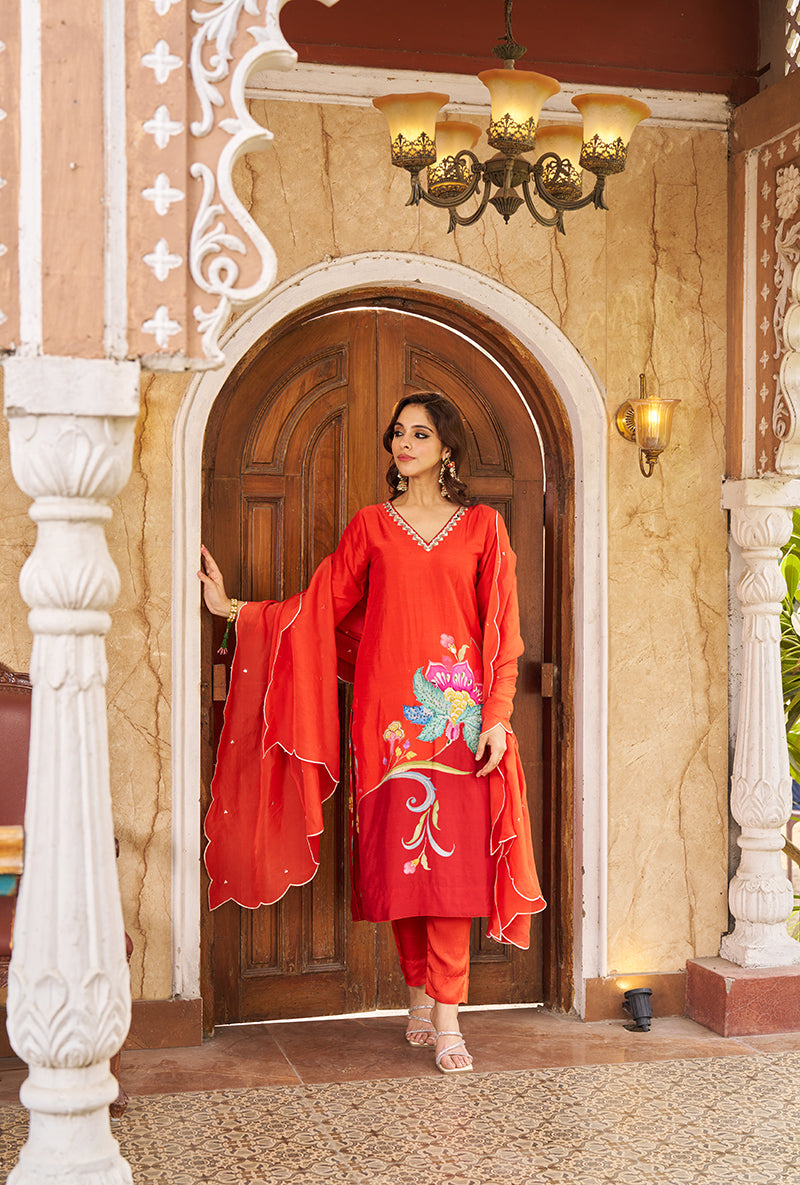 Burnt Orange Printed Nayaab Roza Kurta Set