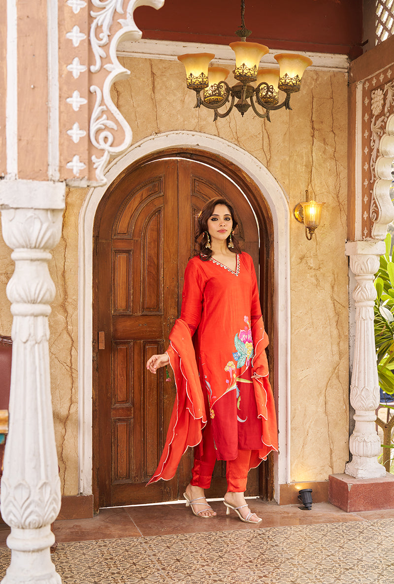 Burnt Orange Printed Nayaab Roza Kurta Set
