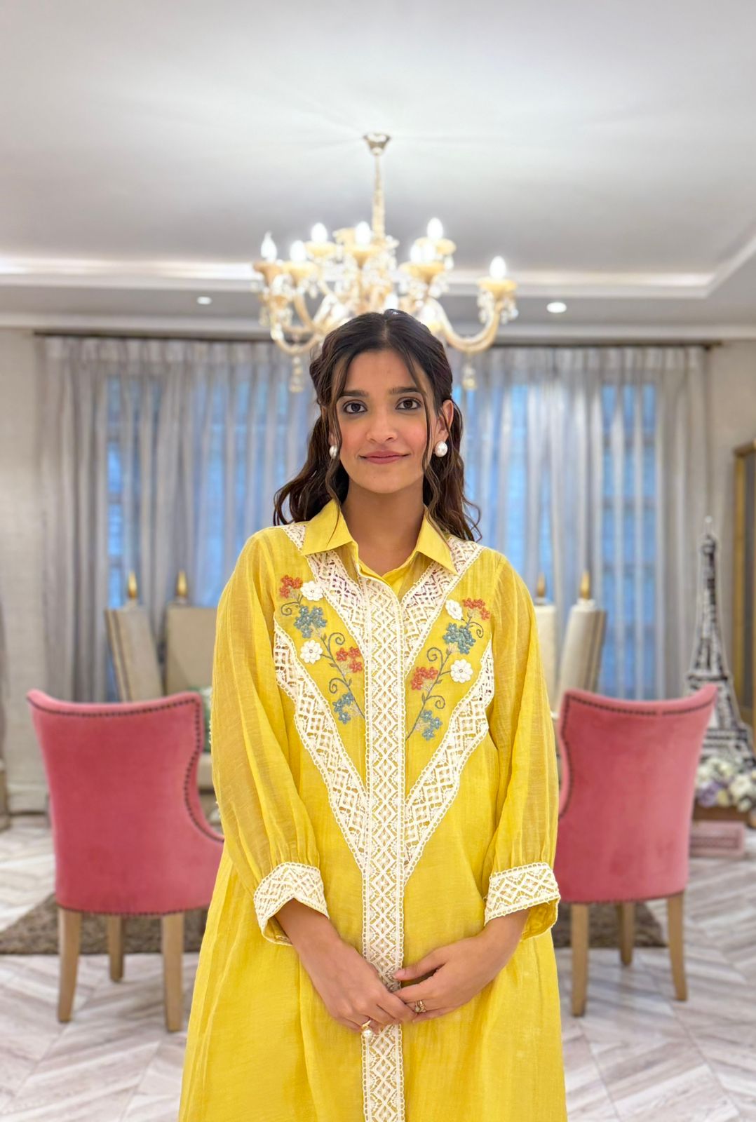 Varsha Rana in Lemon Yellow Collared High Low Kiki Kurta Set