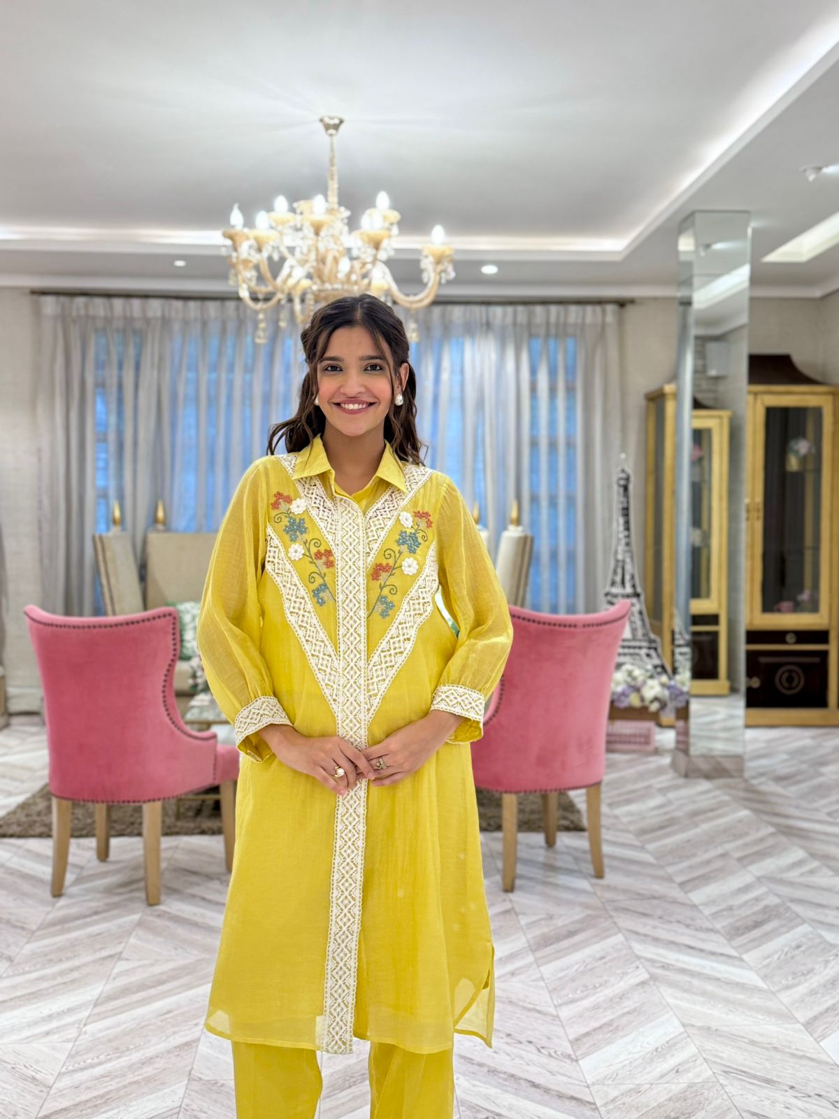 Varsha Rana in Lemon Yellow Collared High Low Kiki Kurta Set
