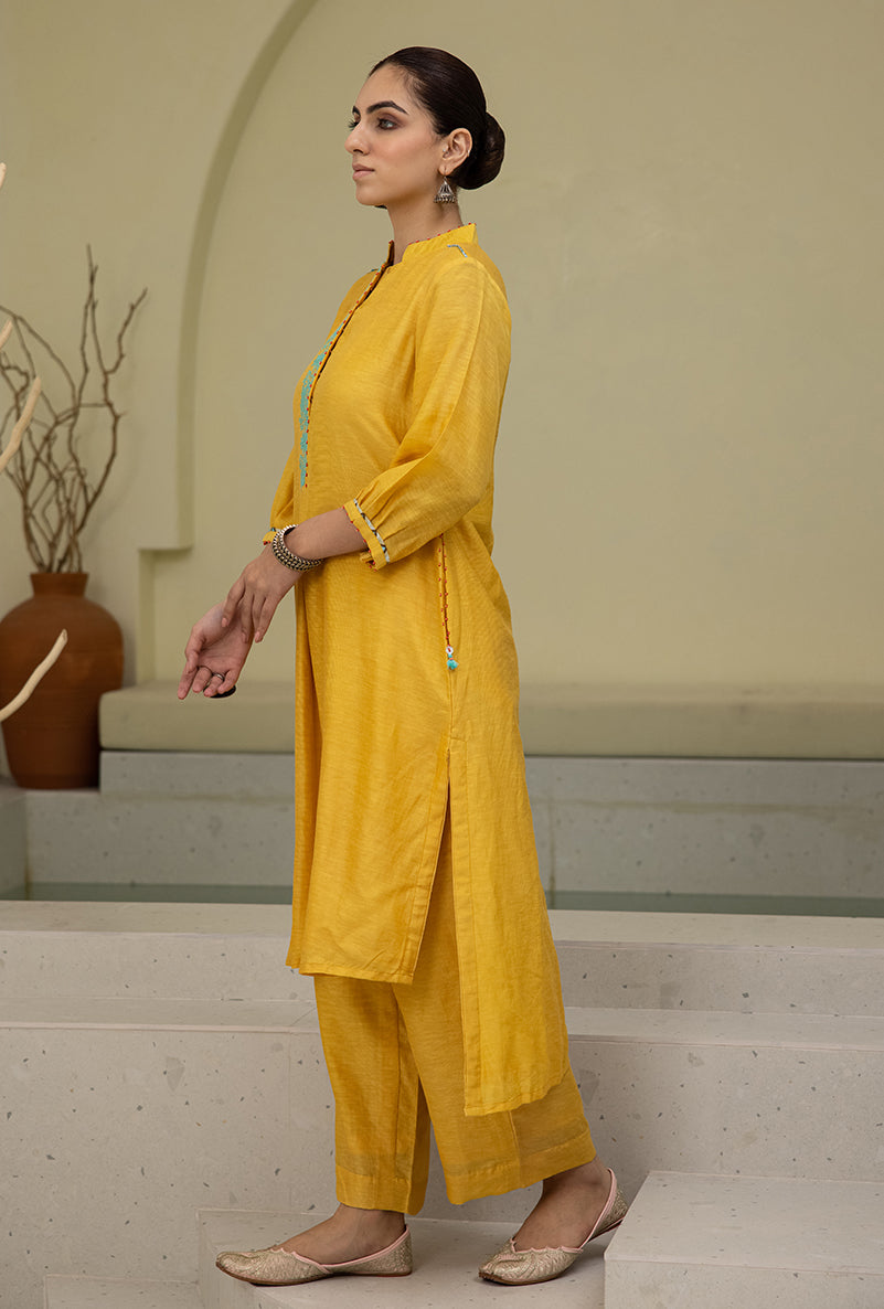 Yellow High Low Collar Reyah Kurta Set