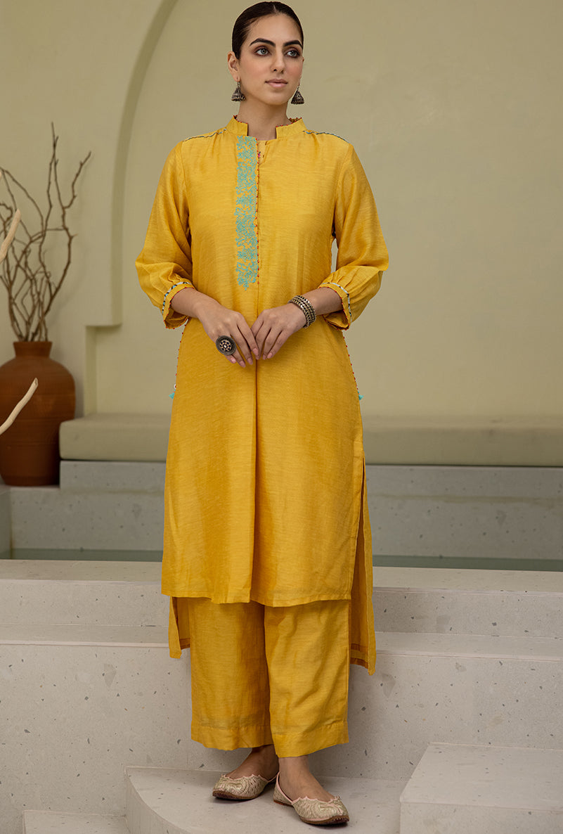 Yellow High Low Collar Reyah Kurta Set