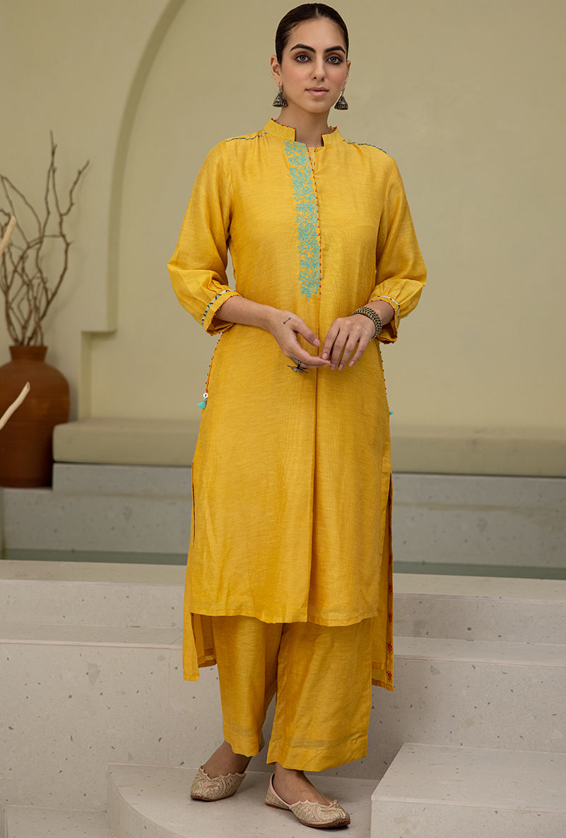 Yellow High Low Collar Reyah Kurta Set