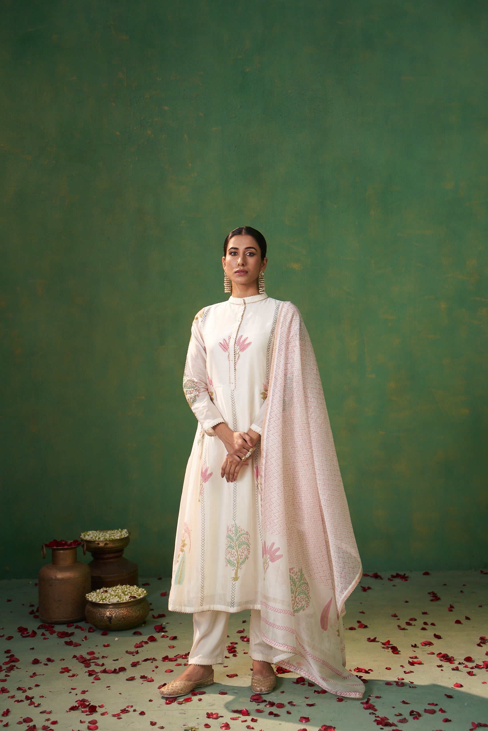 Off White Block Print Side Gathers Farah Anarkali Set