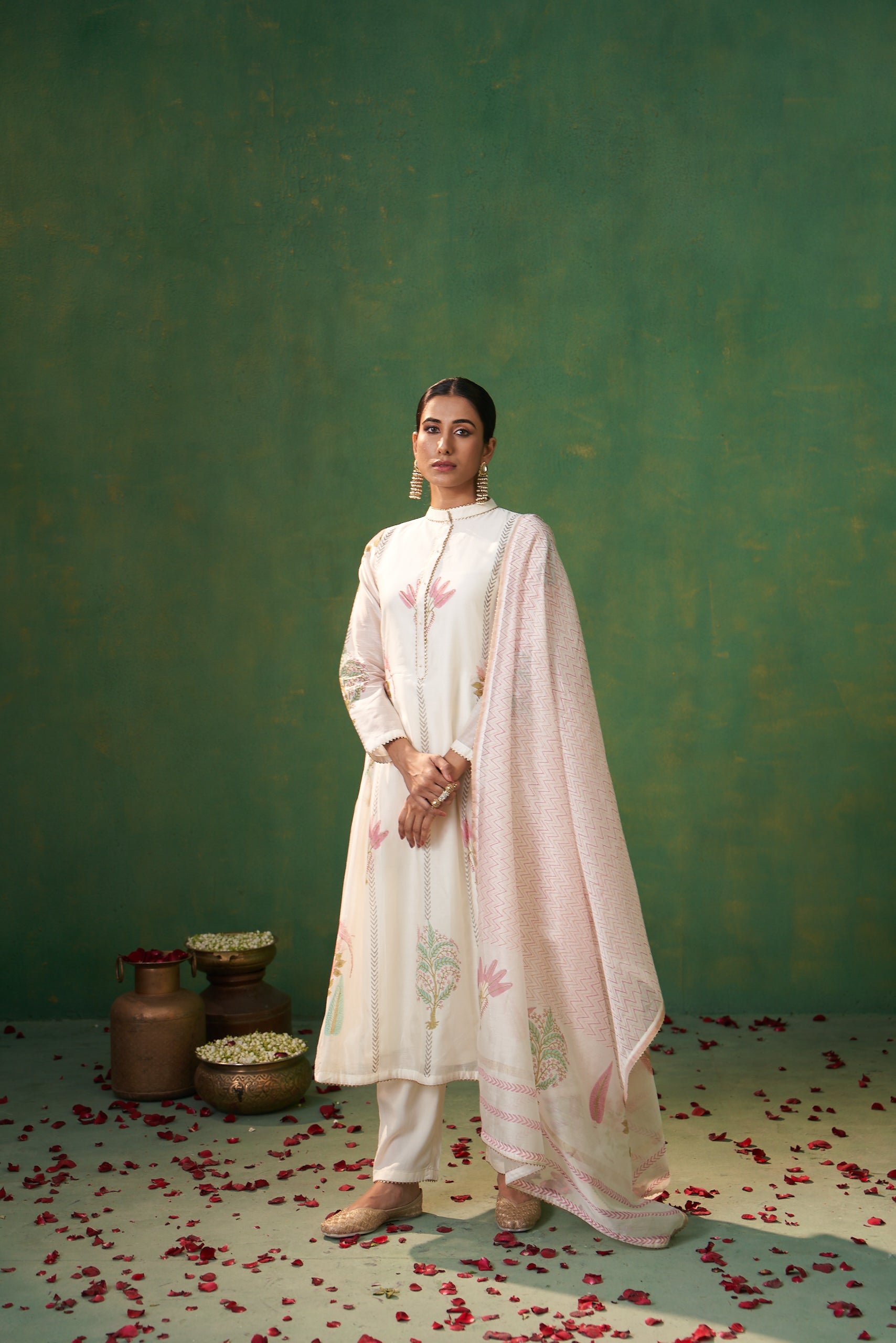 Off White Block Print Side Gathers Farah Anarkali Set