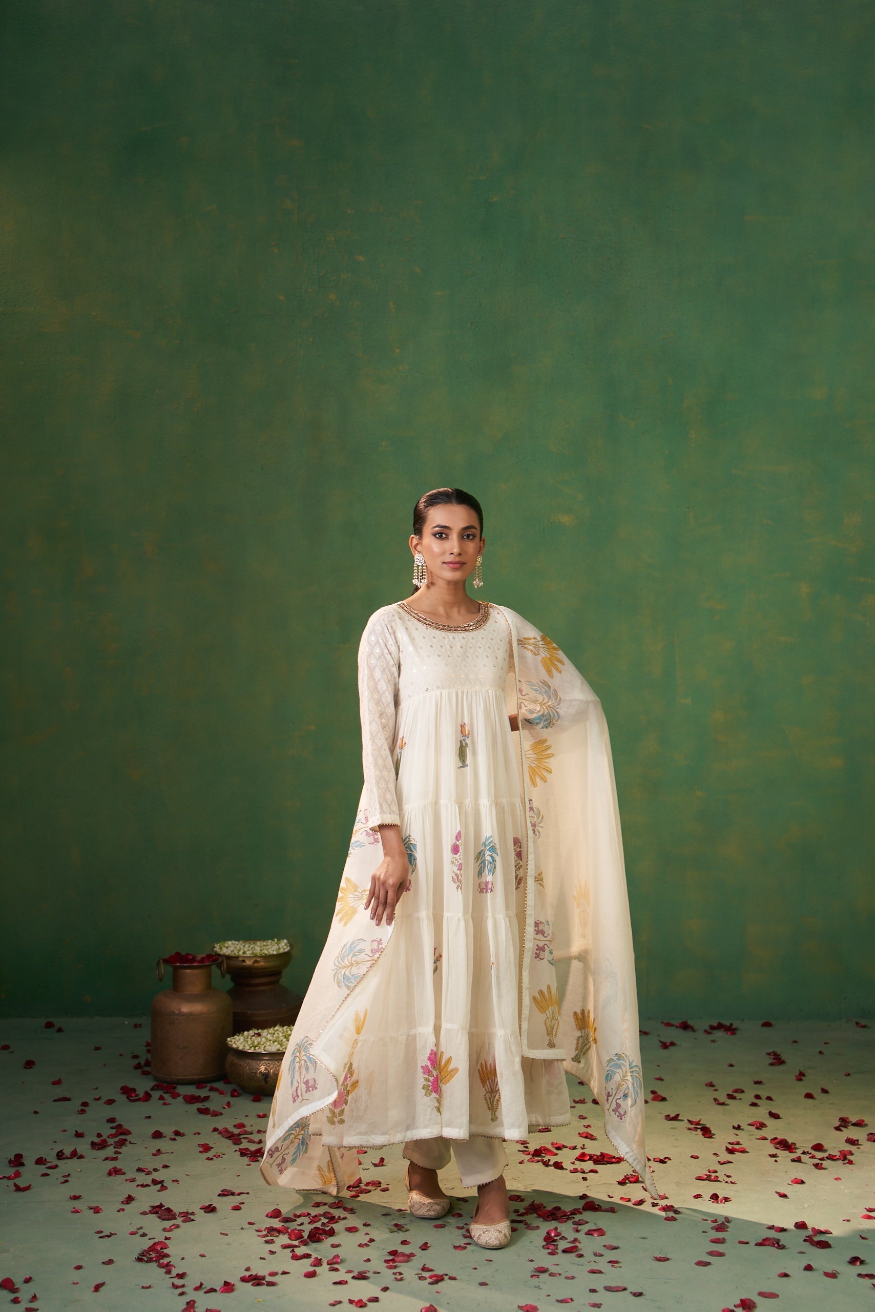 Off White Jacquard Layered Farah Anarkali Set