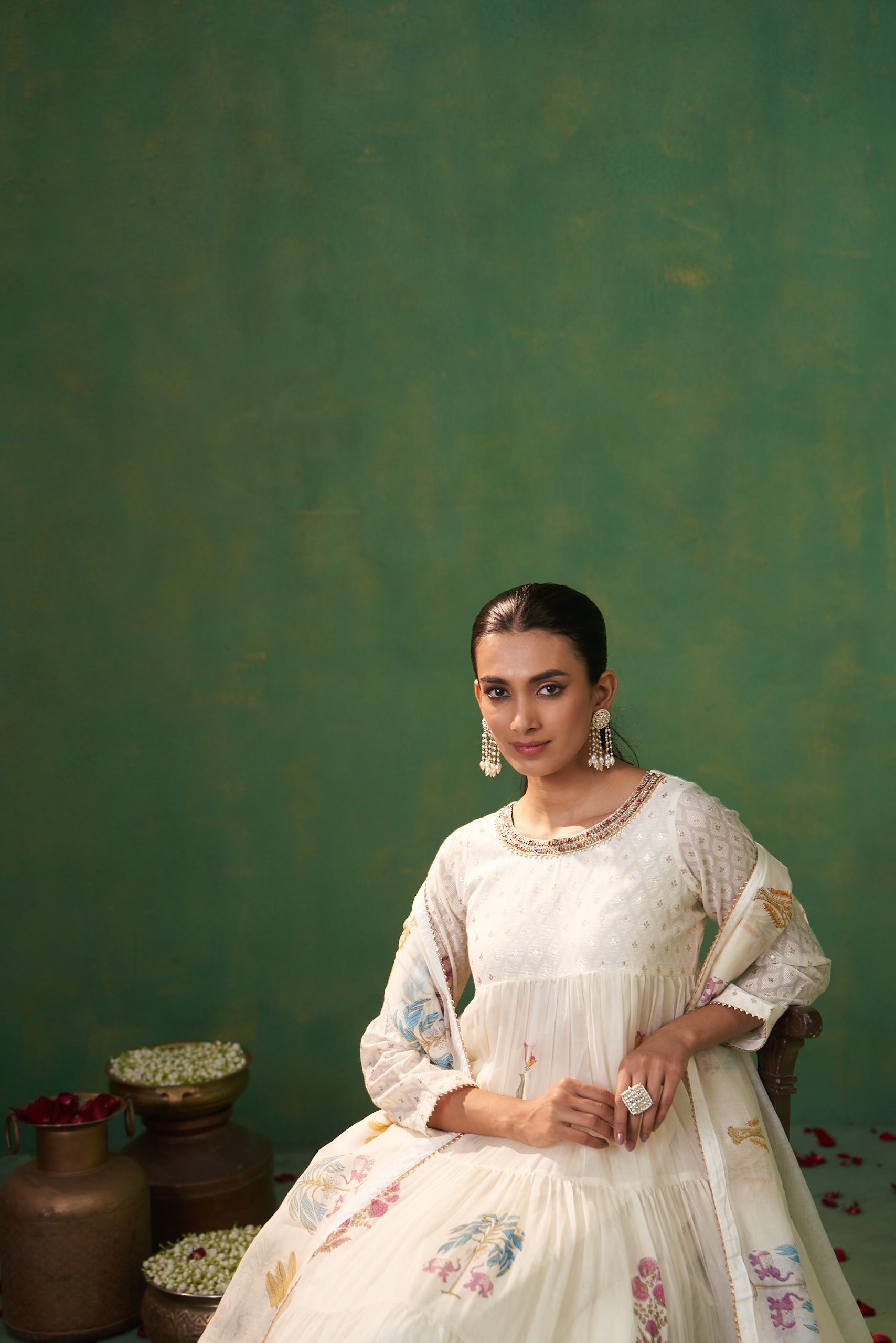 Off White Jacquard Layered Farah Anarkali Set