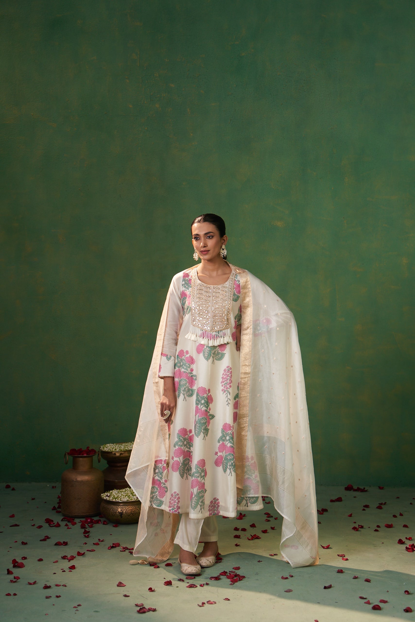 Off White Handblock Gota Yoke Farah Anarkali Set