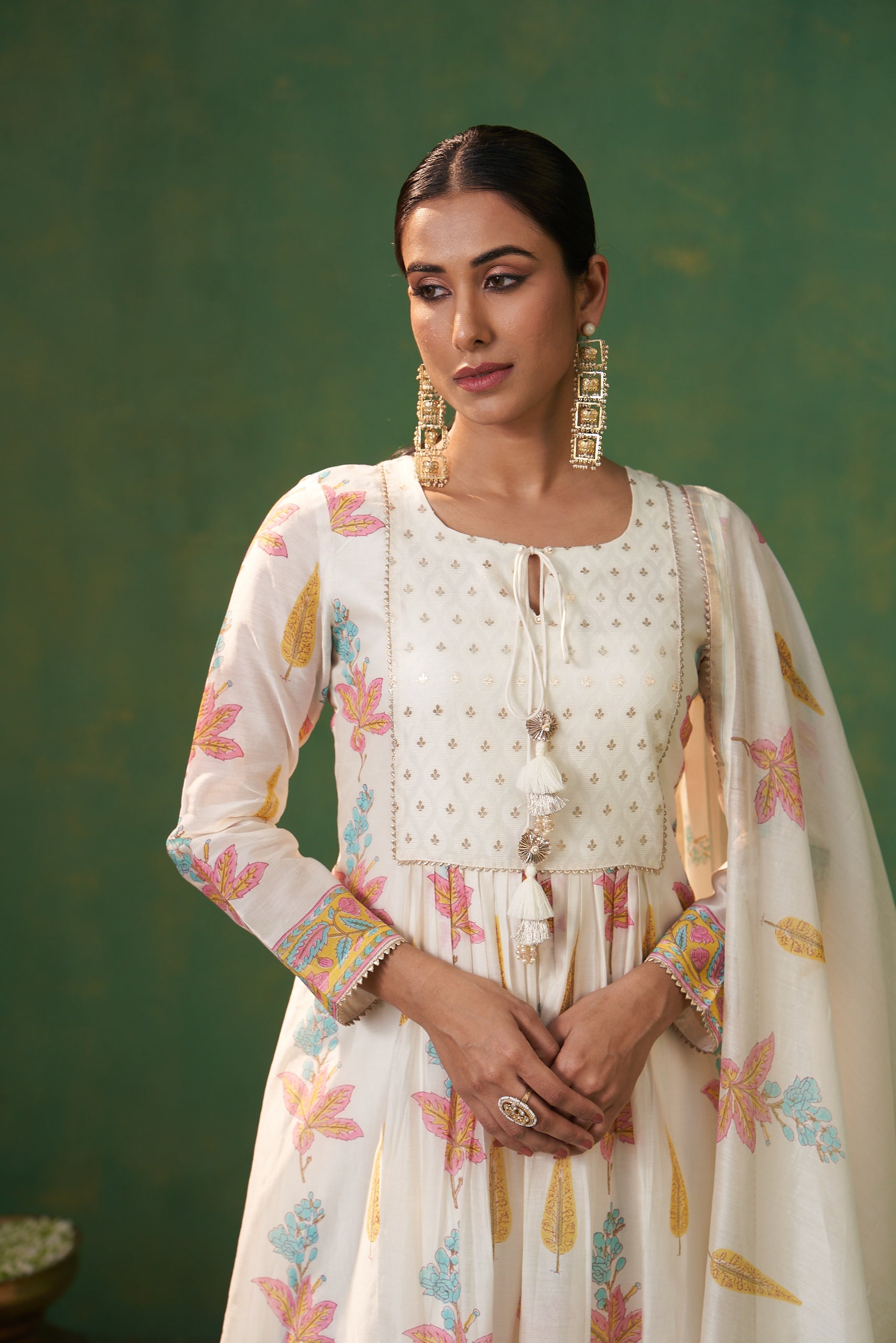 Off White Banarsi Buti Yoke Farah Anarkali Set