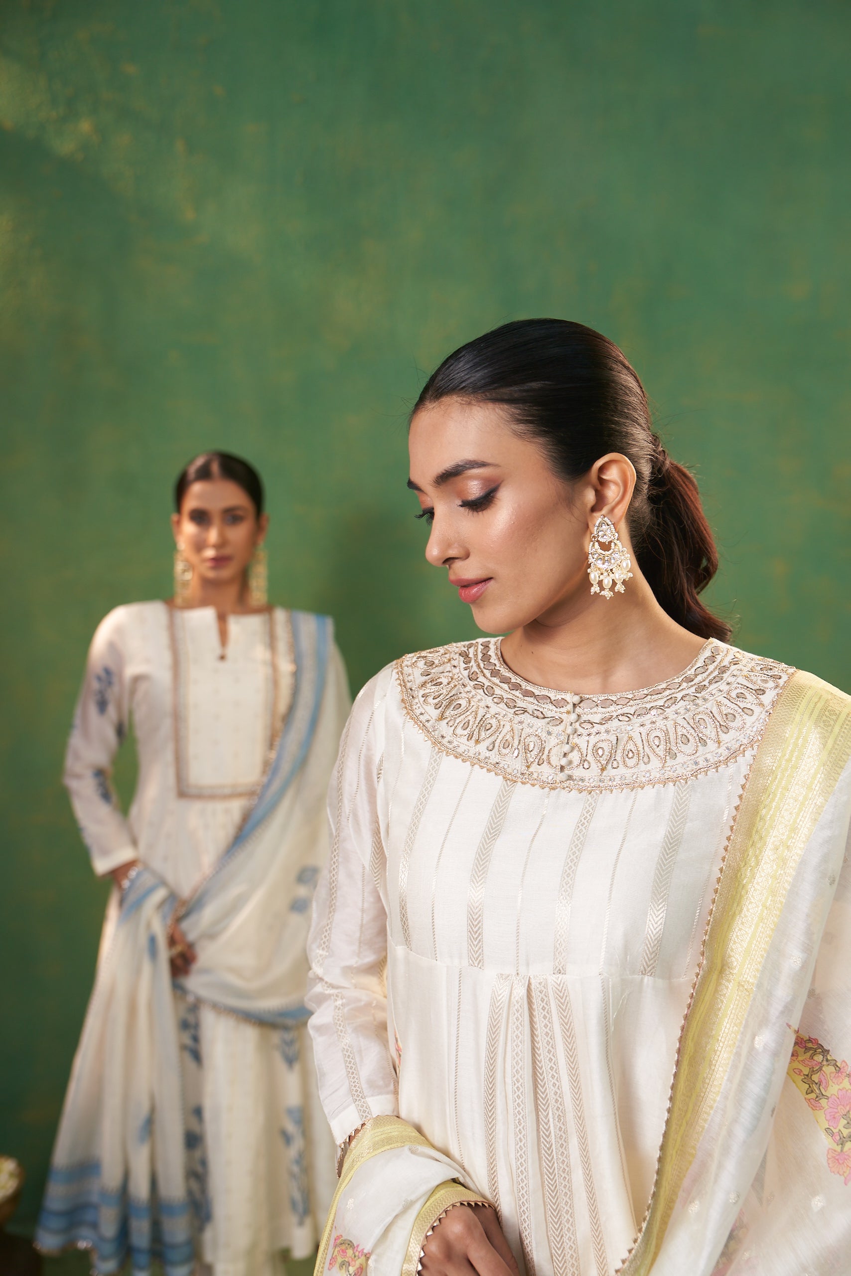 Off White Delicate Handblock Print Farah Anarkali Set