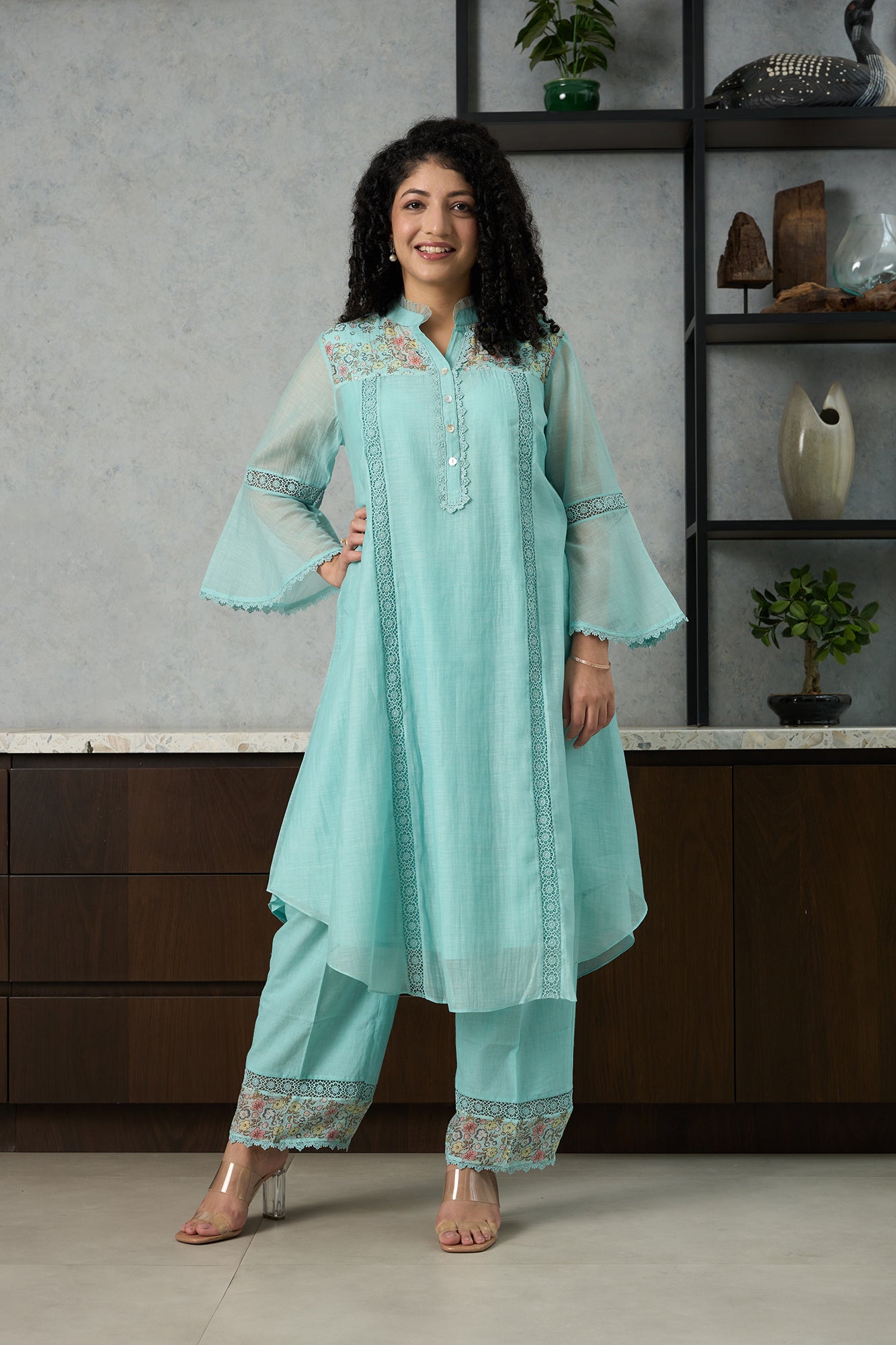 Aqua Blue Pero Chanderi Floral Shoulder Yoke Kiki  Kurta Set