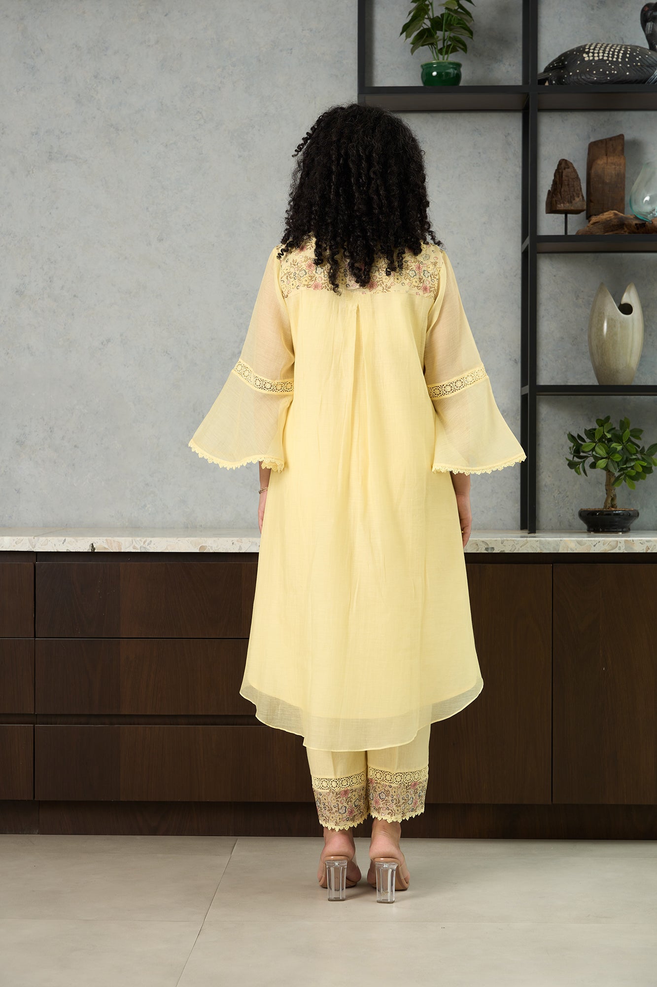 Lemon Yellow Pero Chanderi Floral Shoulder Yoke Kiki  Kurta Set