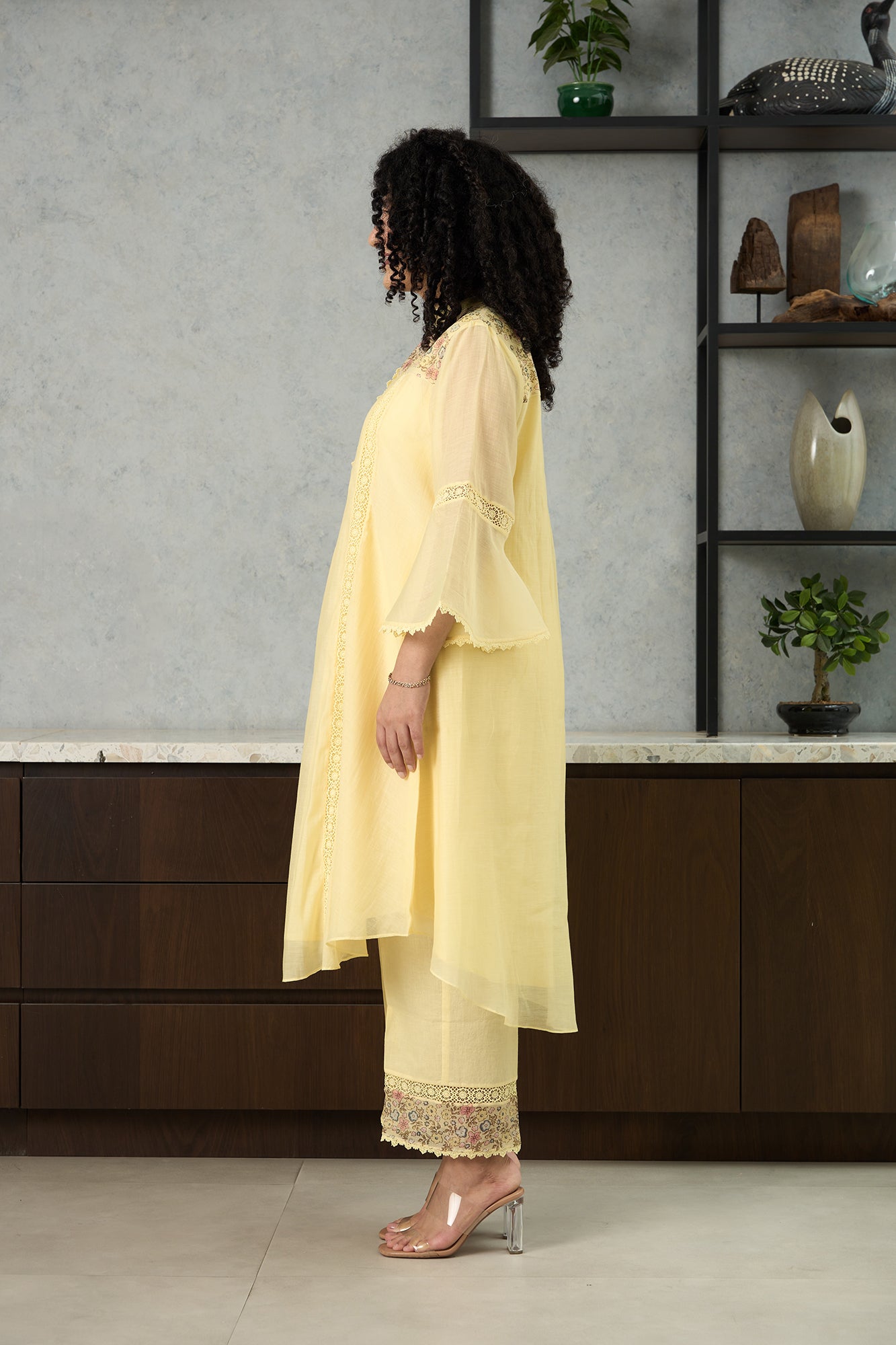 Lemon Yellow Pero Chanderi Floral Shoulder Yoke Kiki  Kurta Set