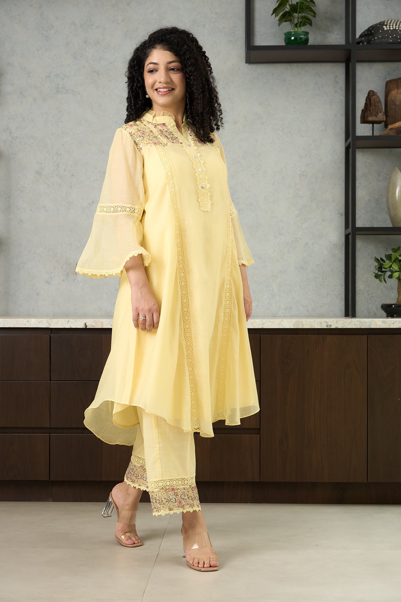 Lemon Yellow Pero Chanderi Floral Shoulder Yoke Kiki  Kurta Set