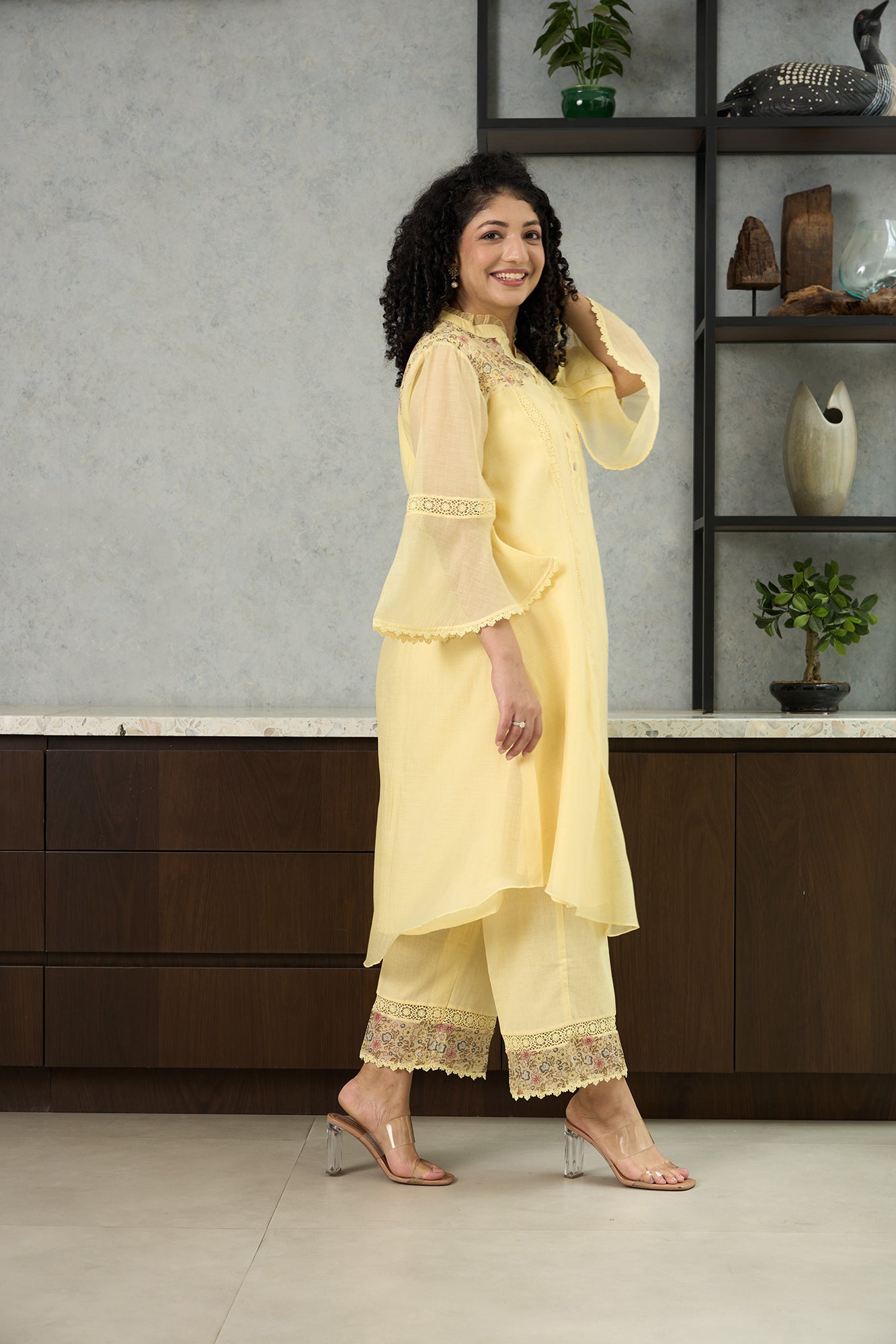 Lemon Yellow Pero Chanderi Floral Shoulder Yoke Kiki  Kurta Set