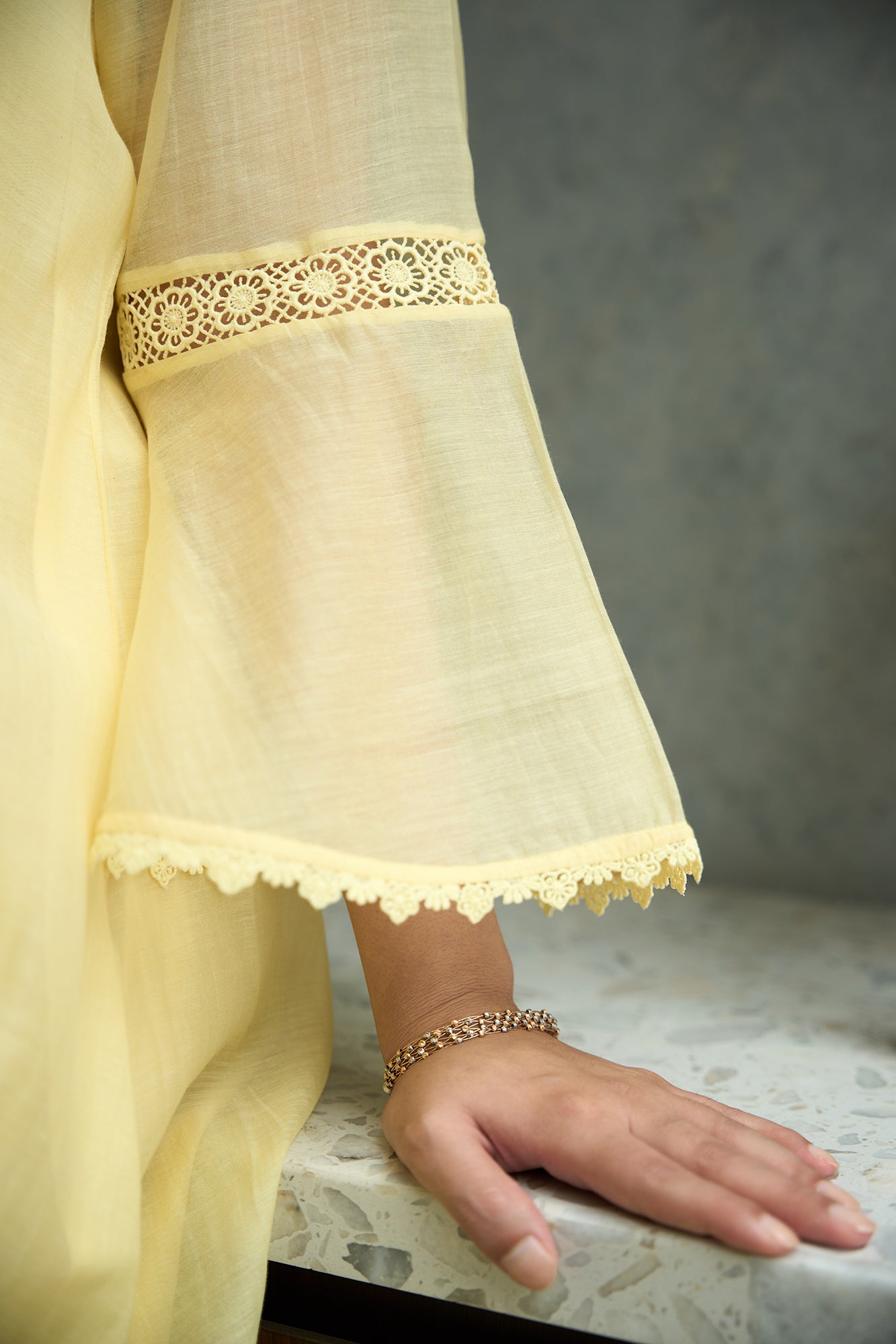 Lemon Yellow Pero Chanderi Floral Shoulder Yoke Kiki  Kurta Set