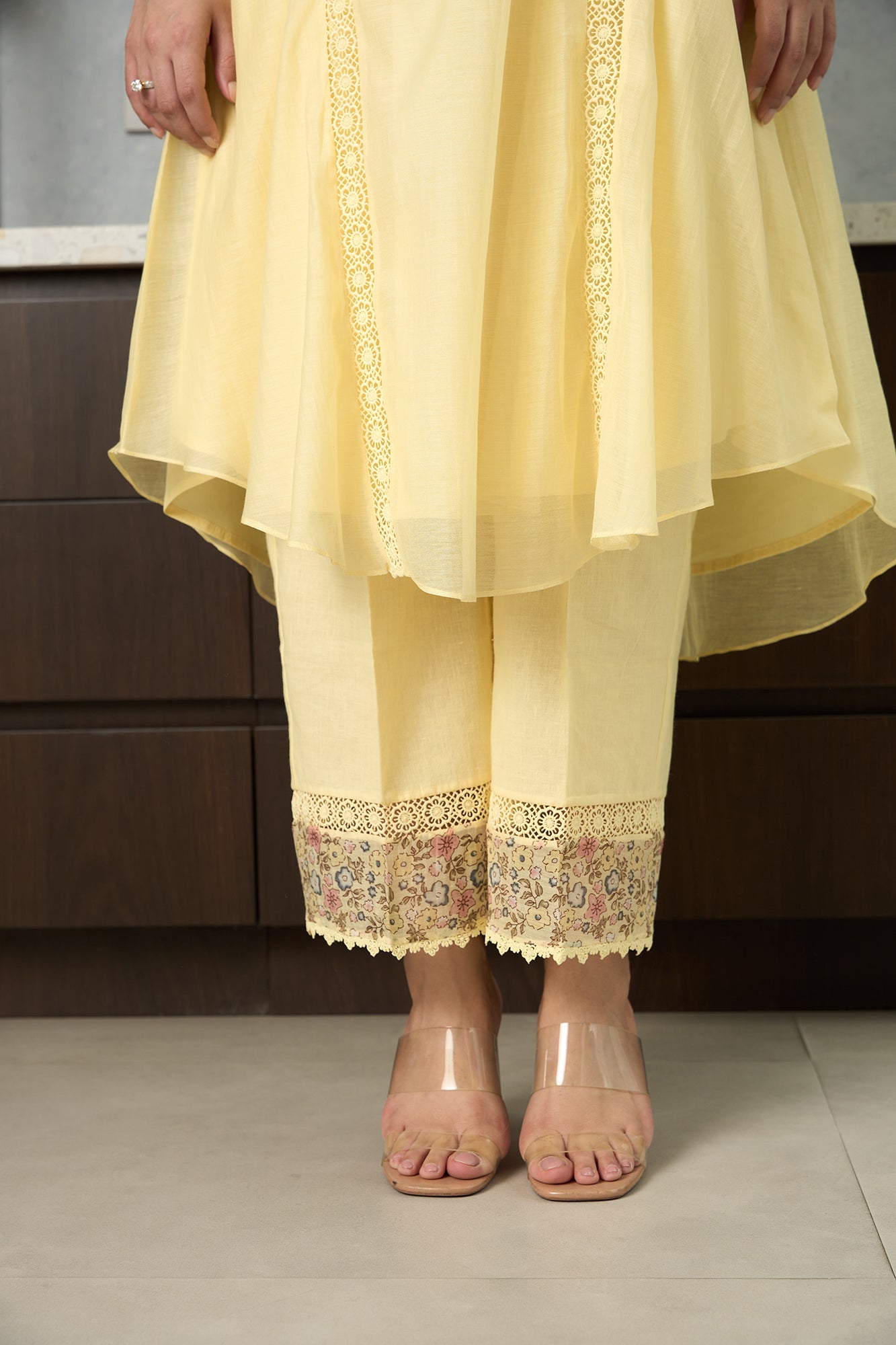 Lemon Yellow Pero Chanderi Floral Shoulder Yoke Kiki  Kurta Set