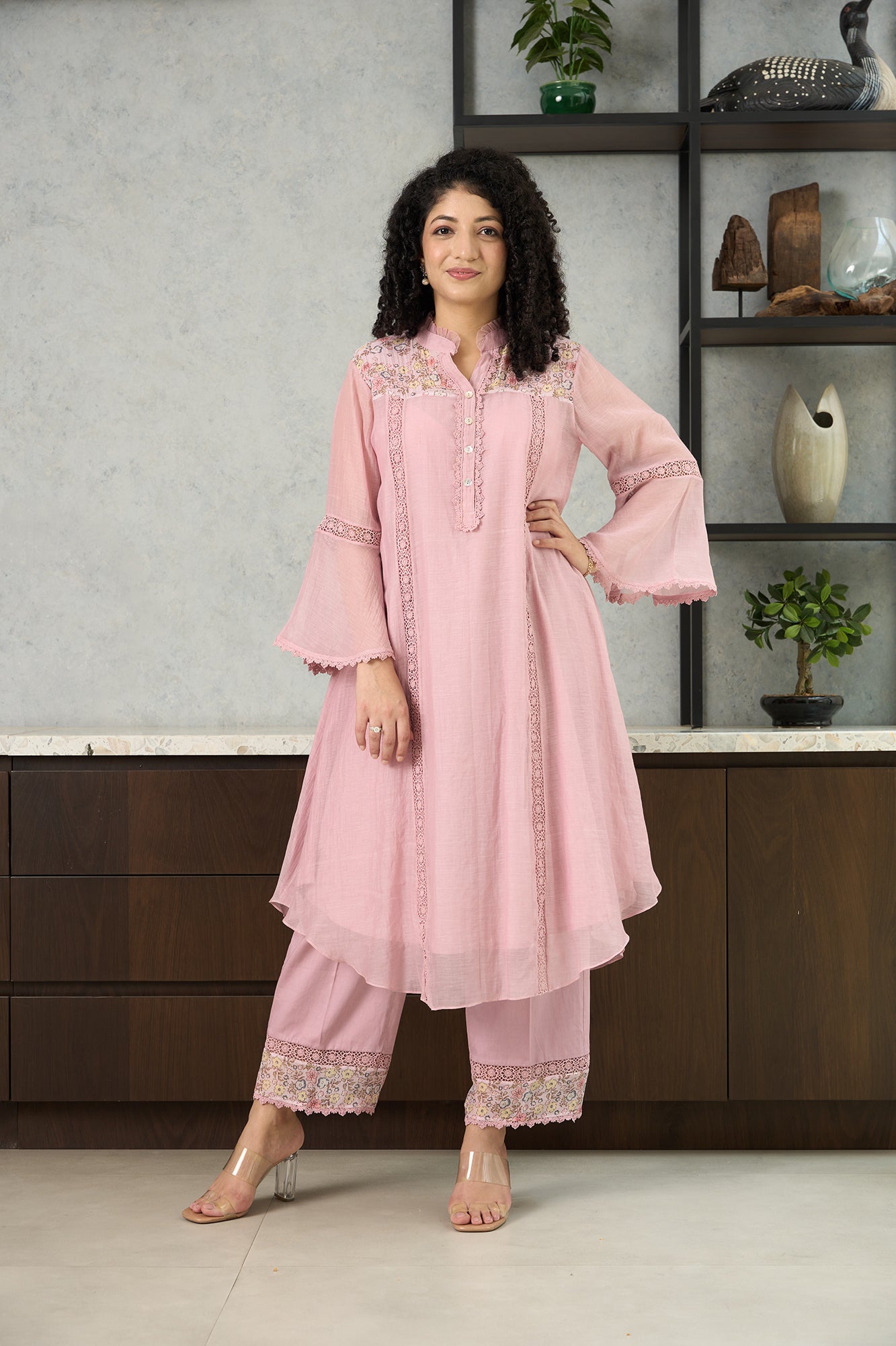 Pink Pero Chanderi Floral Shoulder Yoke Kiki  Kurta Set