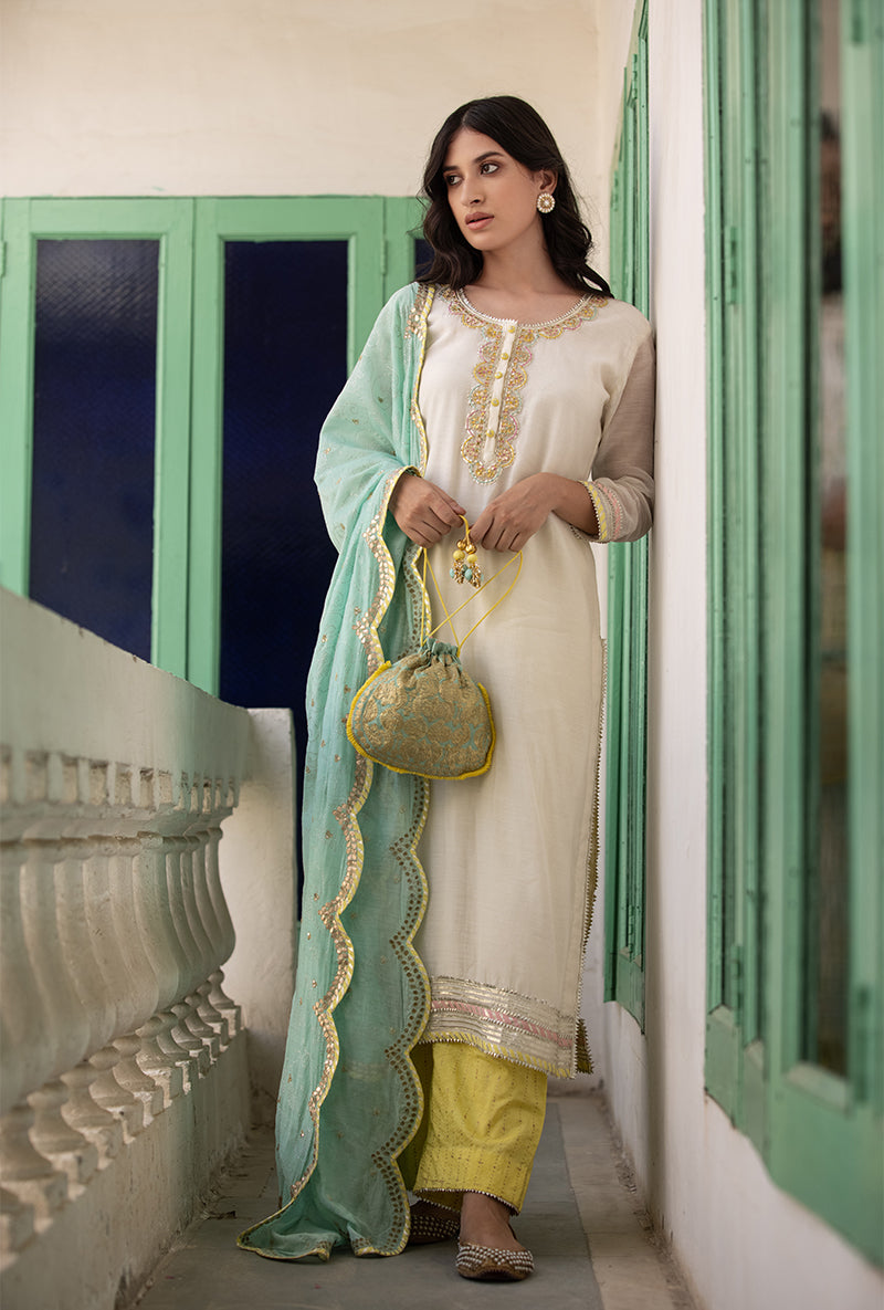 Ivory Aqua Yellow Scallop Neckline Mastaani Kurta Set