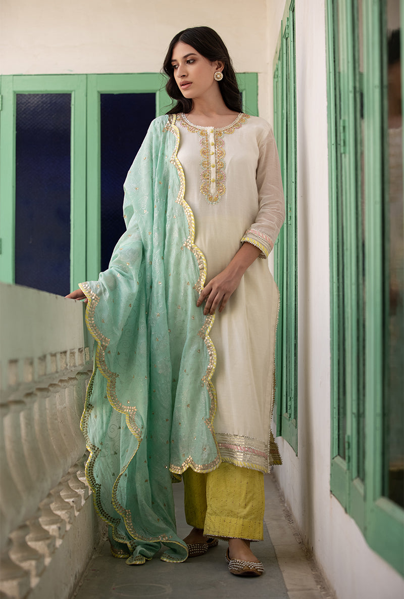 Ivory Aqua Yellow Scallop Neckline Mastaani Kurta Set