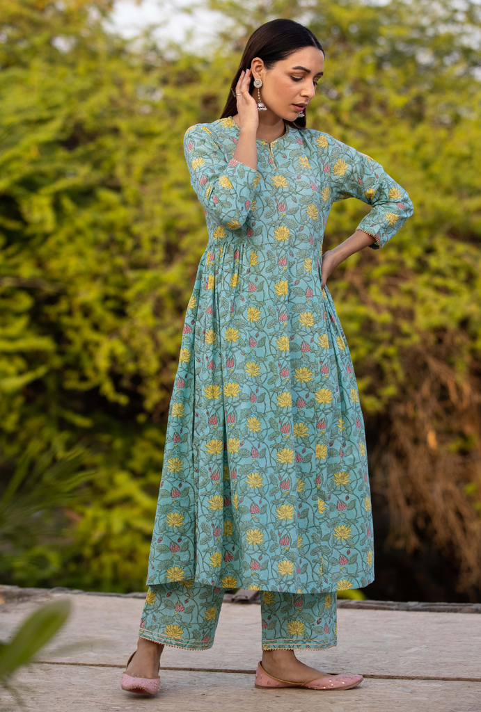 Aqua/Yellow Pankhuri Anarkali Kurta Set
