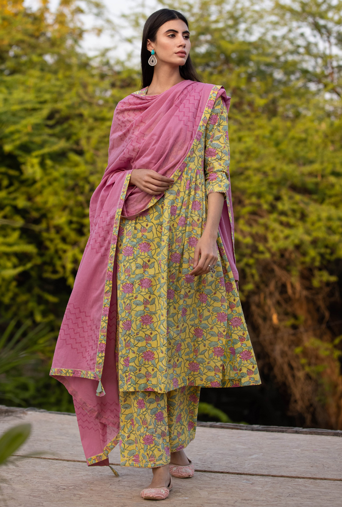 Yellow/Pink Pankhuri Anarkali Kurta Set