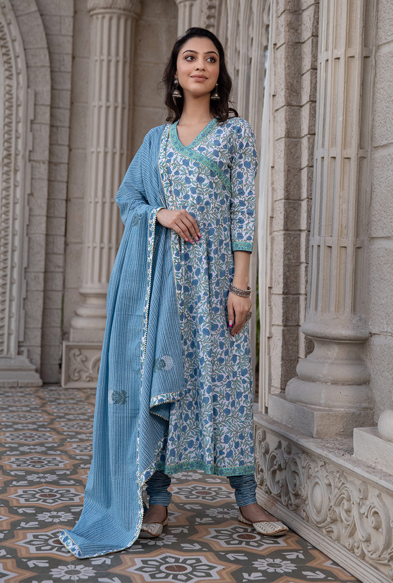 Blue Mayuri Angrakha Kurta Set