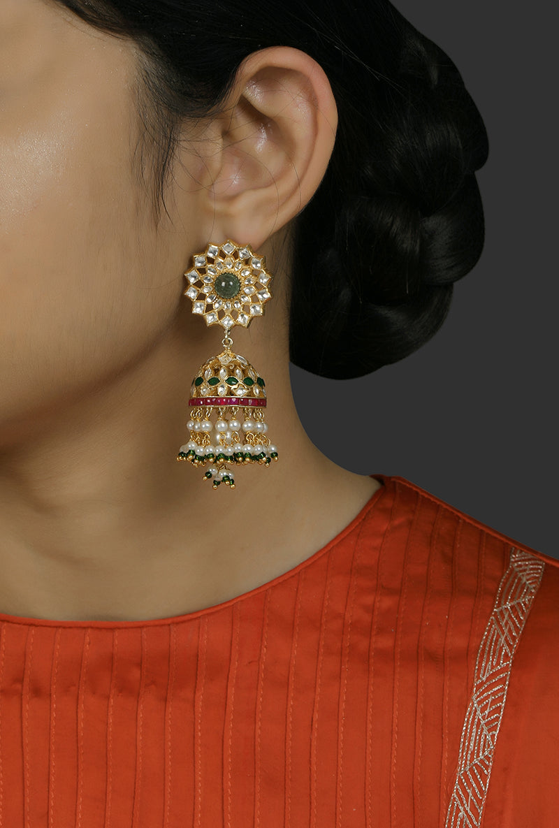 Gold Plated Silver Polki & Green Round Stud With Jhumki & Pearl Latkans