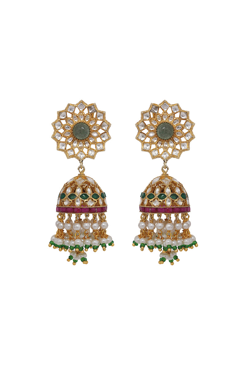 Gold Plated Silver Polki & Green Round Stud With Jhumki & Pearl Latkans