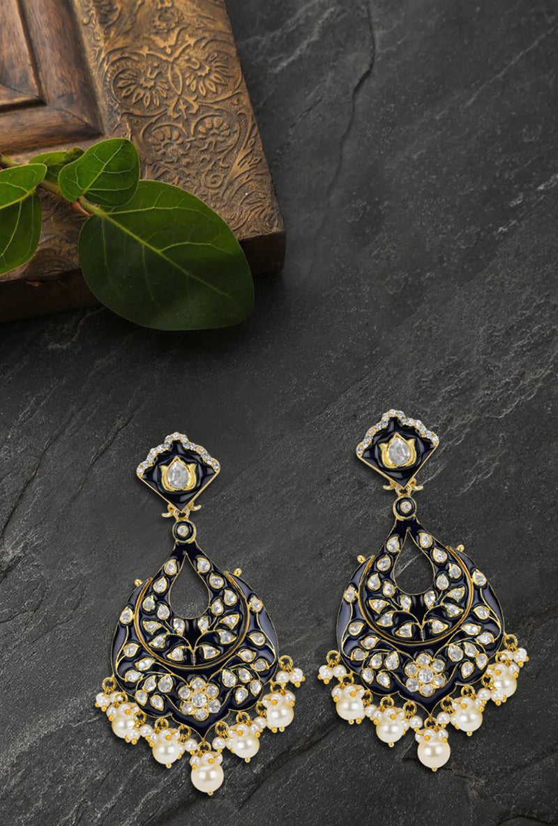 Gold Plated Blue Enameled Tear Drop Earrings With Vellore Polki & Fresh Water Pearl Drops