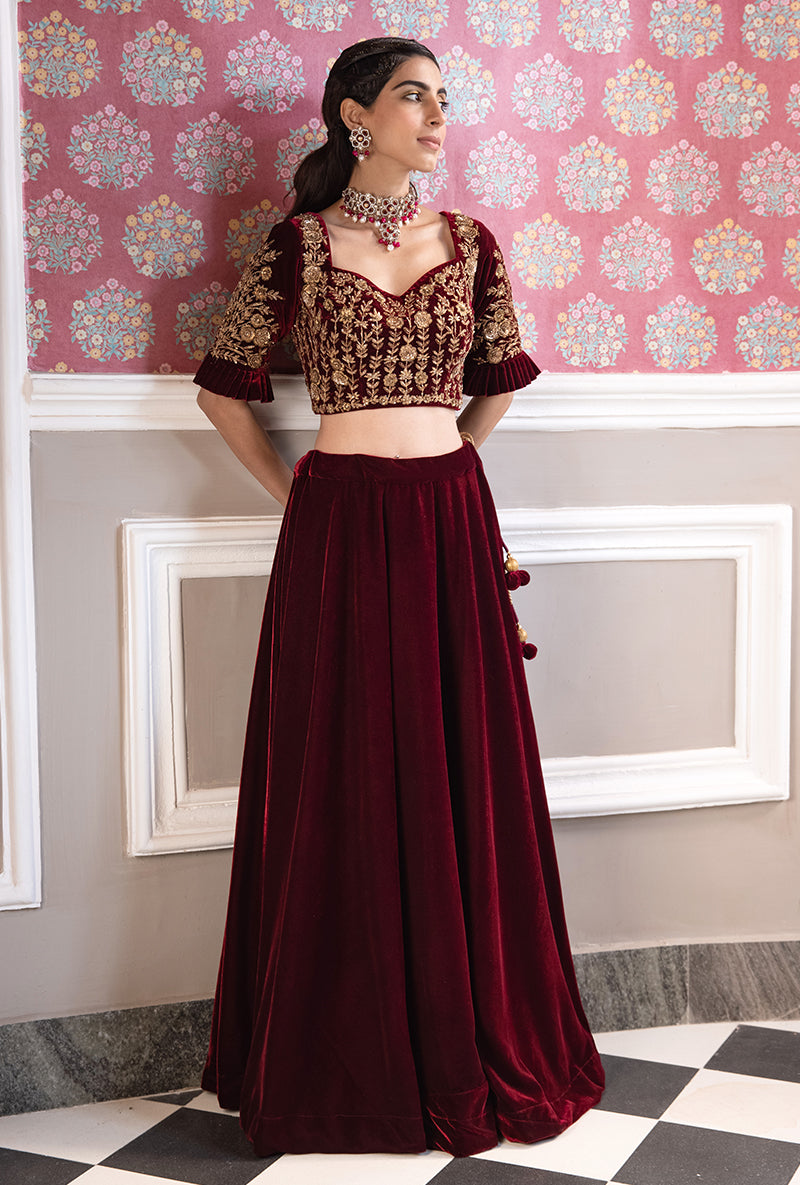 Maroon Velvet Aarzoo Lehenga