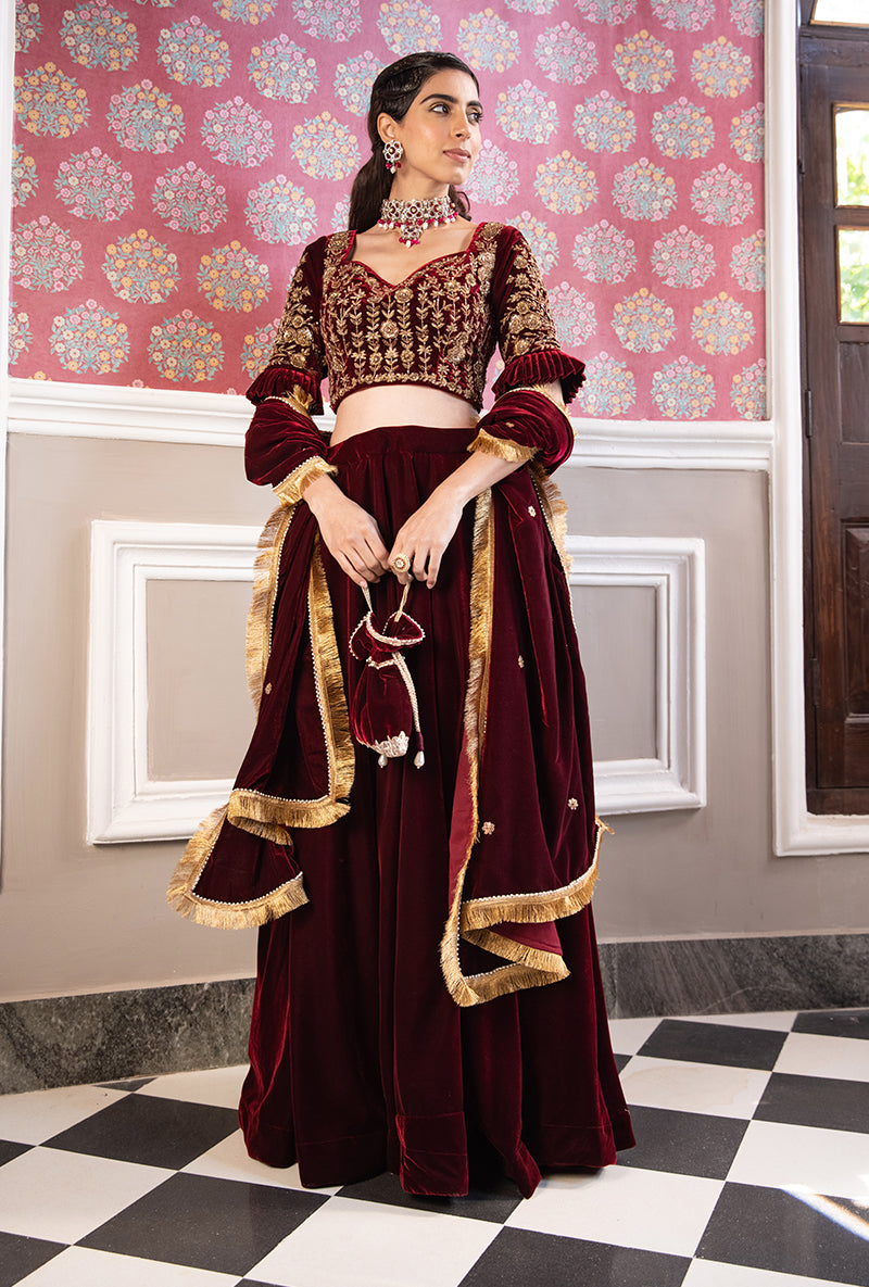 Maroon Velvet Aarzoo Lehenga