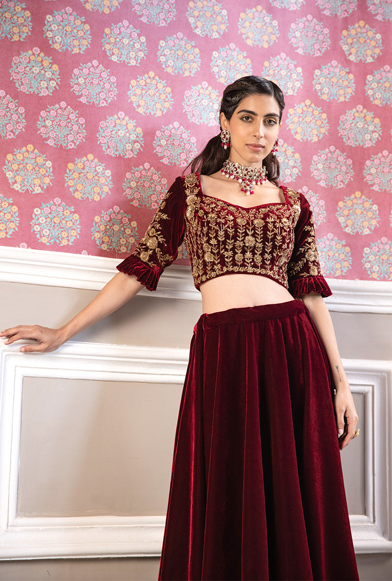 Maroon Velvet Aarzoo Lehenga