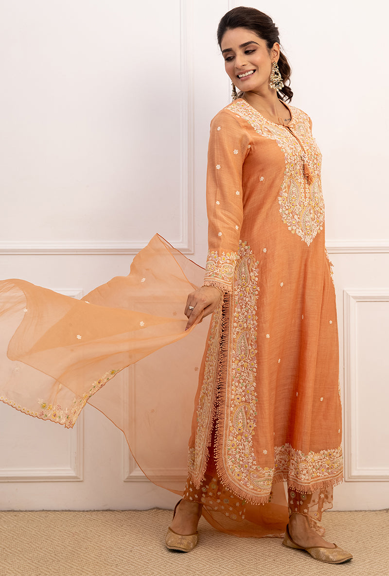 Peach Dori Paisley Long Kurta Set
