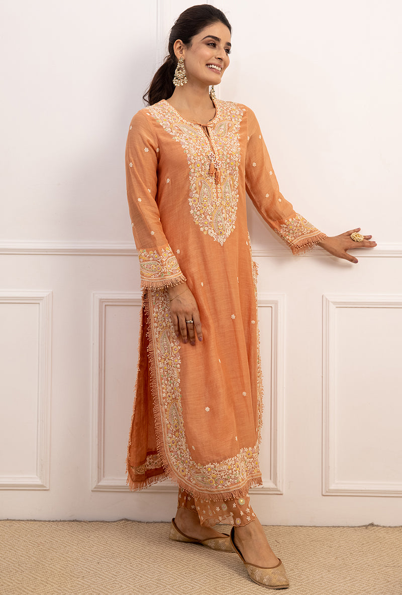 Peach Dori Paisley Long Kurta Set