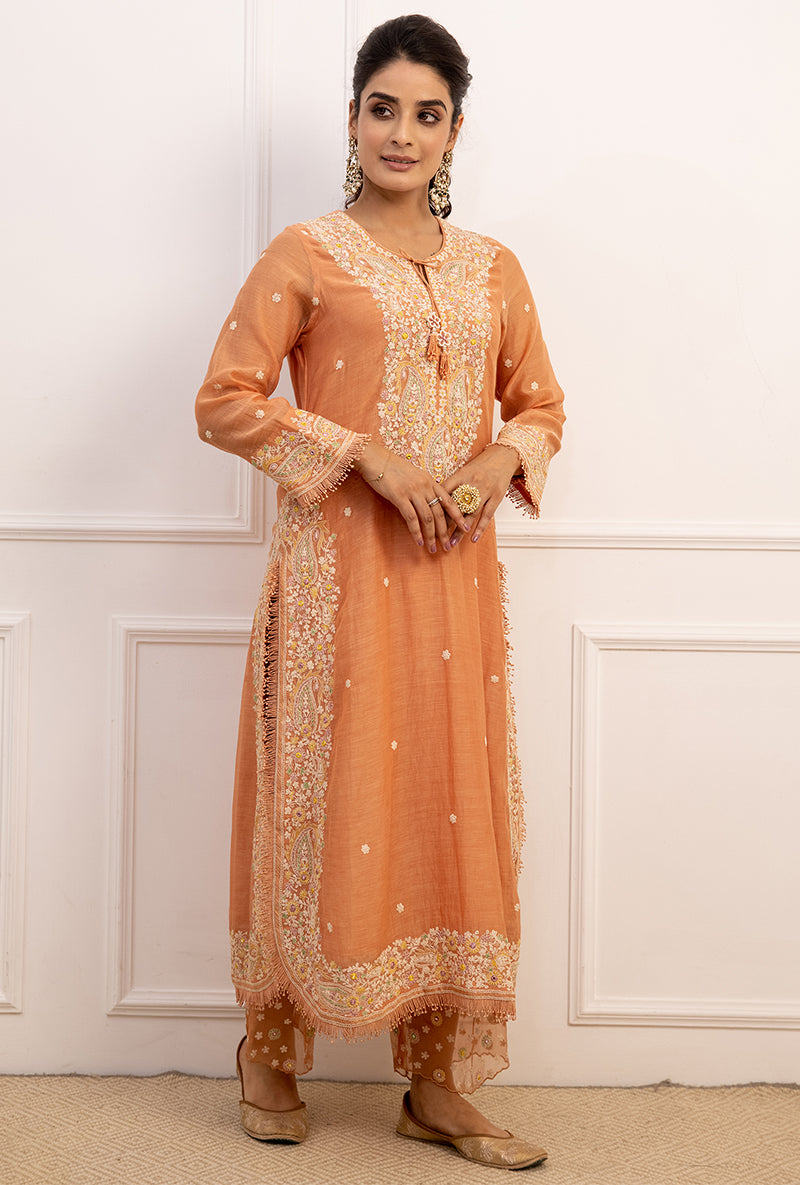 Peach Dori Paisley Long Kurta Set
