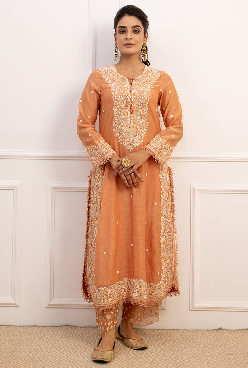 Peach Dori Paisley Long Kurta Set