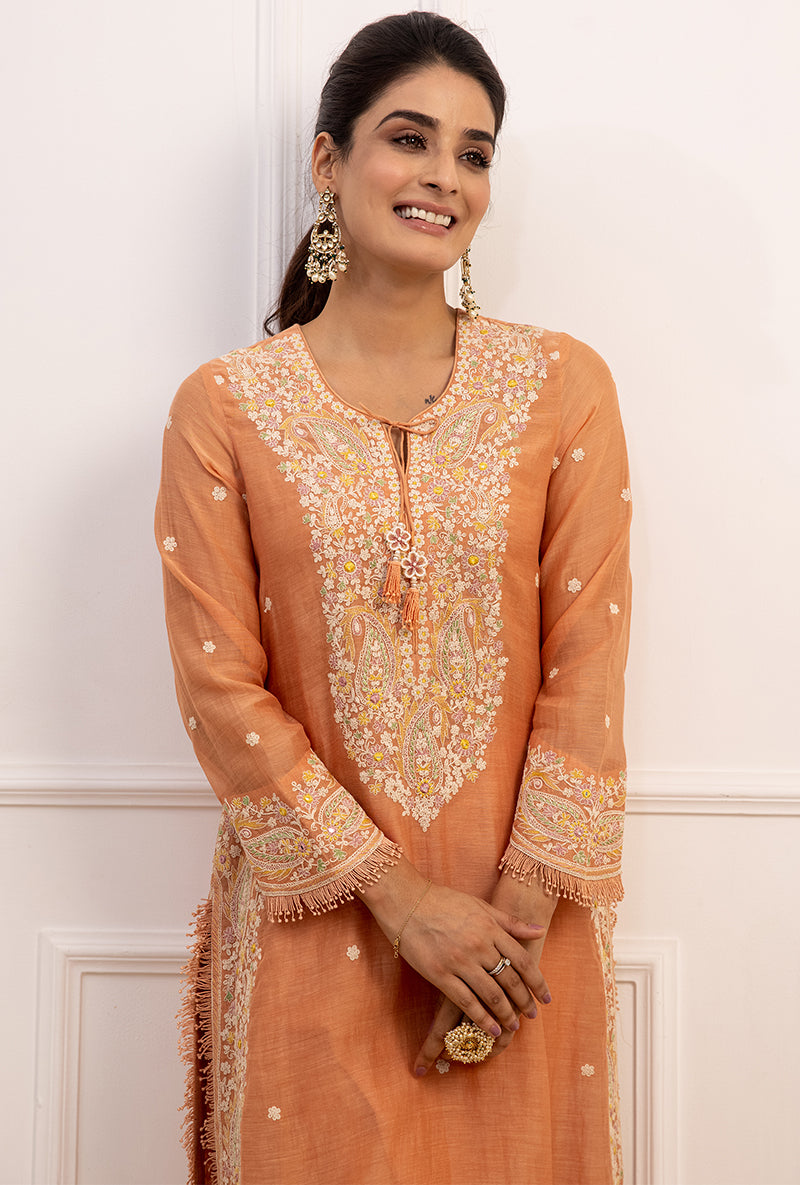 Peach Dori Paisley Long Kurta Set