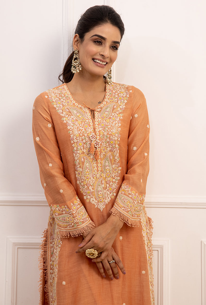 Peach Dori Paisley Long Kurta Set
