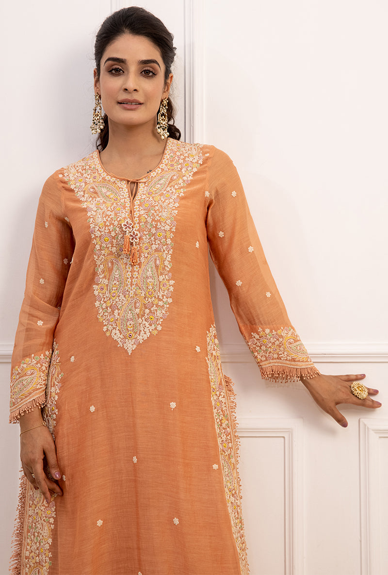 Peach Dori Paisley Long Kurta Set